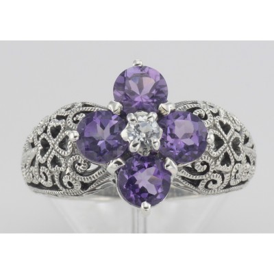 Classic Victorian Style Amethyst Filigree Ring w/ CZ Center Sterling Silver - FR-778-AM