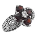 Classic Victorian Style Garnet Filigree Ring w/ CZ Center - Sterling Silver Flower Ring