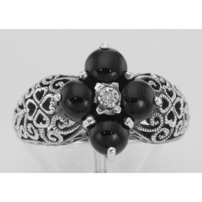 Art Deco Style Black Onyx Filigree Ring w/ Diamond - Sterling Silver Flower Ring - FR-778-O-DIA