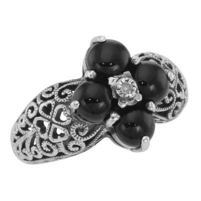 Art Deco Style Black Onyx Filigree Ring w/ Diamond - Sterling Silver Flower Ring - FR-778-O-DIA
