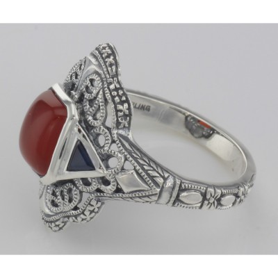 Art Deco Style Red Carnelian Filigree Ring Sapphire Accents Sterling Silver - FR-789-CAR-S