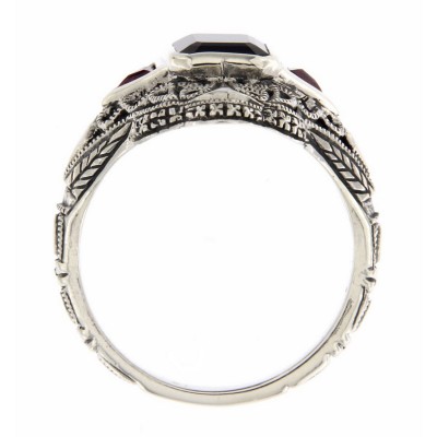 Art Deco Style Black Onyx Filigree Ring w/ Ruby Accents - Sterling Silver - FR-789-O-R