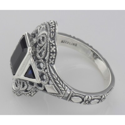 Art Deco Style Black Onyx Filigree Ring w/ Sapphire Accents Sterling Silver - FR-789-O-S
