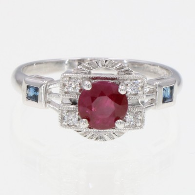 Vintage Inspire Natural Red Ruby, Diamond and Sapphire Filigree Ring - Art Deco Style 14kt White Gold - FR-79-R-WG