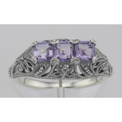 Art Deco Style Sterling Silver Filigree Ring 3 Princess Cut Amethyst Gems - FR-810-AM