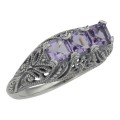 Art Deco Style Sterling Silver Filigree Ring 3 Princess Cut Amethyst Gems