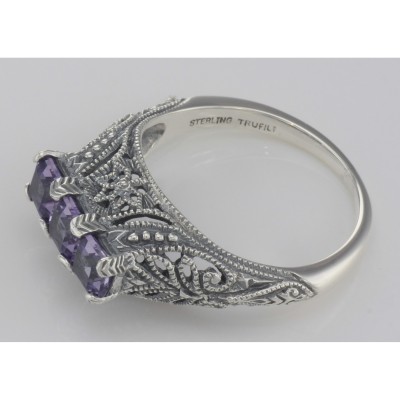 Art Deco Style Sterling Silver Filigree Ring 3 Princess Cut Amethyst Gems - FR-810-AM