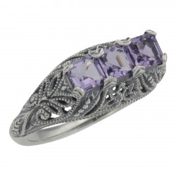 Art Deco Style Sterling Silver Filigree Ring 3 Princess Cut Amethyst Gems