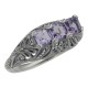 Art Deco Style Sterling Silver Filigree Ring 3 Princess Cut Amethyst Gems - FR-810-AM