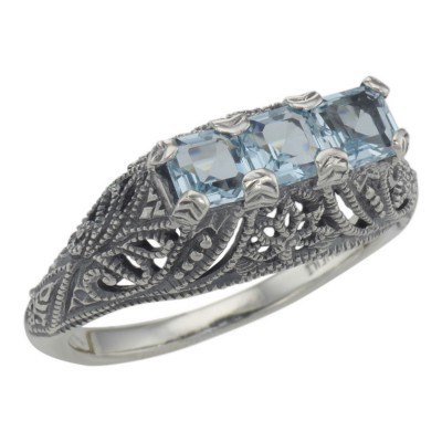 Art Deco Style Sterling Silver Filigree Ring 3 Princess Cut Blue Topaz Gems - FR-810-BT