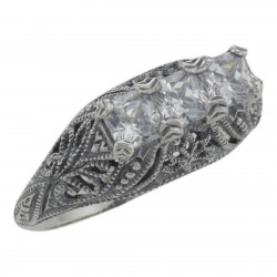 Art Deco Style Sterling Silver Filigree Ring w/ 3 Princess Cut White Topaz