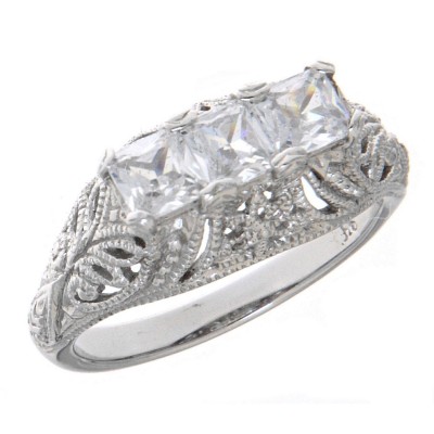 Art Deco Style 14kt White Gold Filigree Ring with 3 Princess Cut CZ - FR-810-CZ-WG