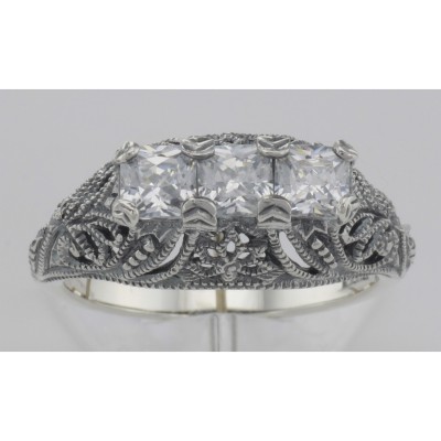 Art Deco Style Sterling Silver Filigree Ring with 3 Princess Cut White Topaz - FR-810-WT