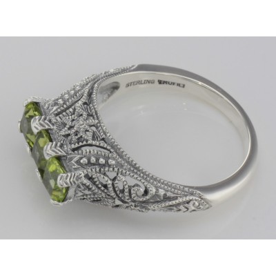 Art Deco Style Sterling Silver Filigree Ring 3 Princess Cut Peridot Gems - FR-810-P