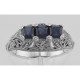 Art Deco Style Filigree Ring 3 Princess Cut Blue Sapphires - Sterling Silver - FR-810-S