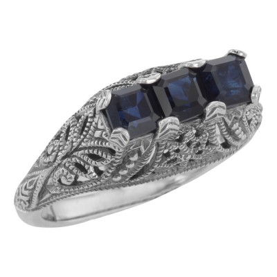 Art Deco Style Filigree Ring 3 Princess Cut Blue Sapphires - Sterling Silver - FR-810-S