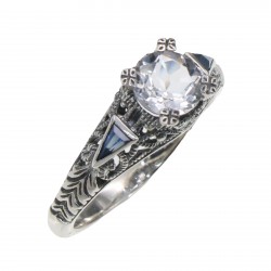 Art Deco Filigree Ring w/ White Topaz and Blue Sapphires - Sterling Silver