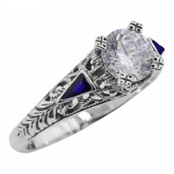 Art Deco Filigree Ring w/ White Topaz and Enamel - Sterling Silver