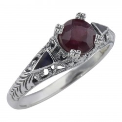 Art Deco Style Ruby Ring and Enamel - Sterling Silver