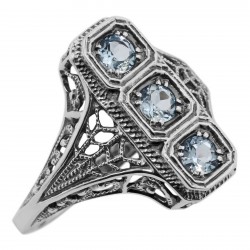 3 Stone Blue Topaz Filigree Ring - Sterling Silver