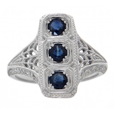 Classic 3 Stone Blue Sapphire Art Deco Style Ring - 14kt White Gold
