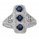 Classic 3 Stone Blue Sapphire Art Deco Style Ring - 14kt White Gold