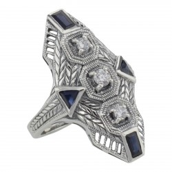 Art Deco Style Filigree Ring Genuine Sapphires  CZ - Sterling Silver