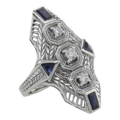 Art Deco Style Filigree Ring Genuine Sapphires  CZ - Sterling Silver - FR-876