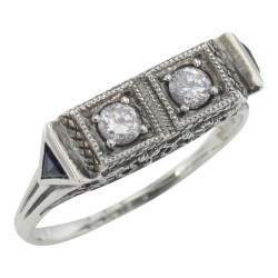 Art Deco Style White Topaz  Filigree Ring 2 Blue Sapphire Sterling Silver