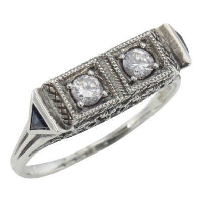 Art Deco Style White Topaz  Filigree Ring w/ 2 Blue Sapphire Sterling Silver - FR-879-WT