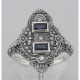 Art Deco Style Filigree Ring Blue Sapphires and 3 Diamonds - Sterling Silver - FR-883