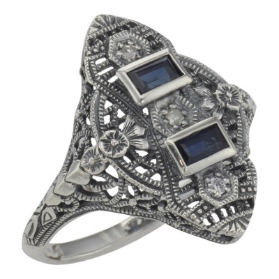 Art Deco Style Filigree Ring Blue Sapphires and 3 Diamonds - Sterling Silver - FR-883