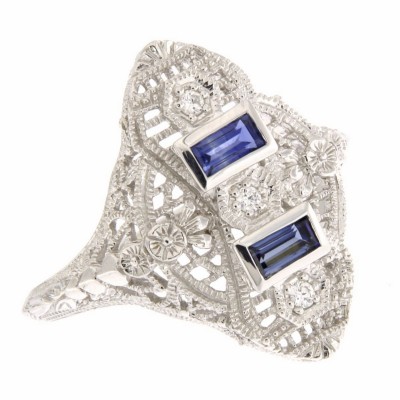 Art Deco Style Filigree Ring Blue Sapphires and 3 Diamonds - 14kt White Gold - FR-883-WG