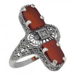 Art Deco Style 2 Stone Red Carnelian Diamond Filigree Ring Sterling Silver