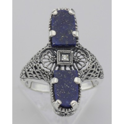 Art Deco Style 2 Stone Blue Lapis Diamond Filigree Ring Sterling Silver - FR-890-L