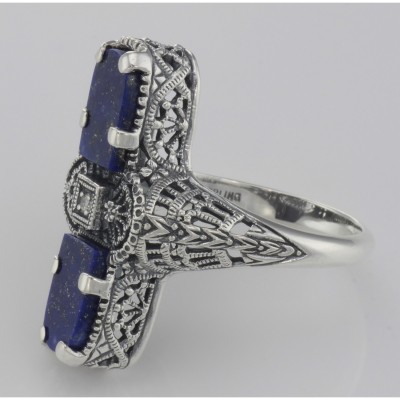 Art Deco Style 2 Stone Blue Lapis Diamond Filigree Ring Sterling Silver - FR-890-L