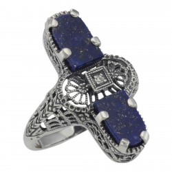 Art Deco Style 2 Stone Blue Lapis Diamond Filigree Ring Sterling Silver