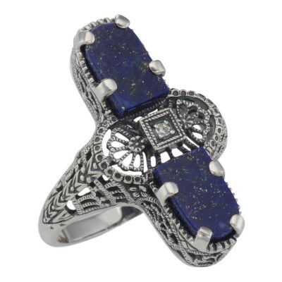 Art Deco Style 2 Stone Blue Lapis Diamond Filigree Ring Sterling Silver - FR-890-L