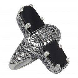 Art Deco 2 Stone Black Onyx and Diamond Filigree Ring Sterling Silver
