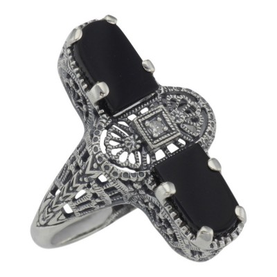 Art Deco Style 2 Stone Black Onyx and Diamond Filigree Ring Sterling Silver - FR-890-O
