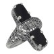 Art Deco Style 2 Stone Black Onyx and Diamond Filigree Ring Sterling Silver - FR-890-O