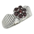 Beautiful Genuine Red Garnet Floral Design Ring - Sterling Silver