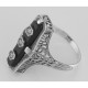 Art Deco Style Black Onyx Filigree Ring 3 Diamond Accents - Sterling Silver - FR-904-O
