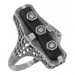 Art Deco Style Black Onyx Filigree Ring 3 Diamond Accents Sterling Silver