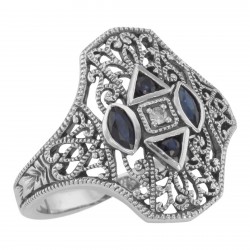Art Deco Style Filigree Diamond Ring w/ 4 Blue Sapphires - Sterling Silver Art Deco Style Filigree Diamond Ring w/ 4 Blue Sapphires - Sterling Silver