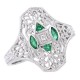 Art Deco Style Filigree Diamond Ring w/ 4 emerald accents - 14kt White Gold - FR-931-E-WG