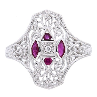 Art Deco Style Filigree Diamond Ring w/ 4 ruby accents - 14kt White Gold - FR-931-R-WG