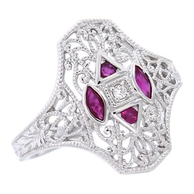 Art Deco Style Filigree Diamond Ring w/ 4 ruby accents - 14kt White Gold - FR-931-R-WG