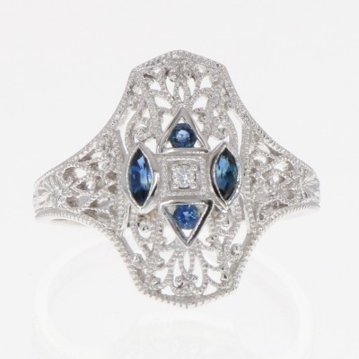 Art Deco Style Filigree Diamond Ring w/ 4 Blue Sapphires - 14kt White Gold - FR-931-S-WG