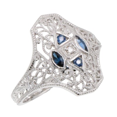 Art Deco Style Filigree Diamond Ring w/ 4 Blue Sapphires - 14kt White Gold - FR-931-S-WG